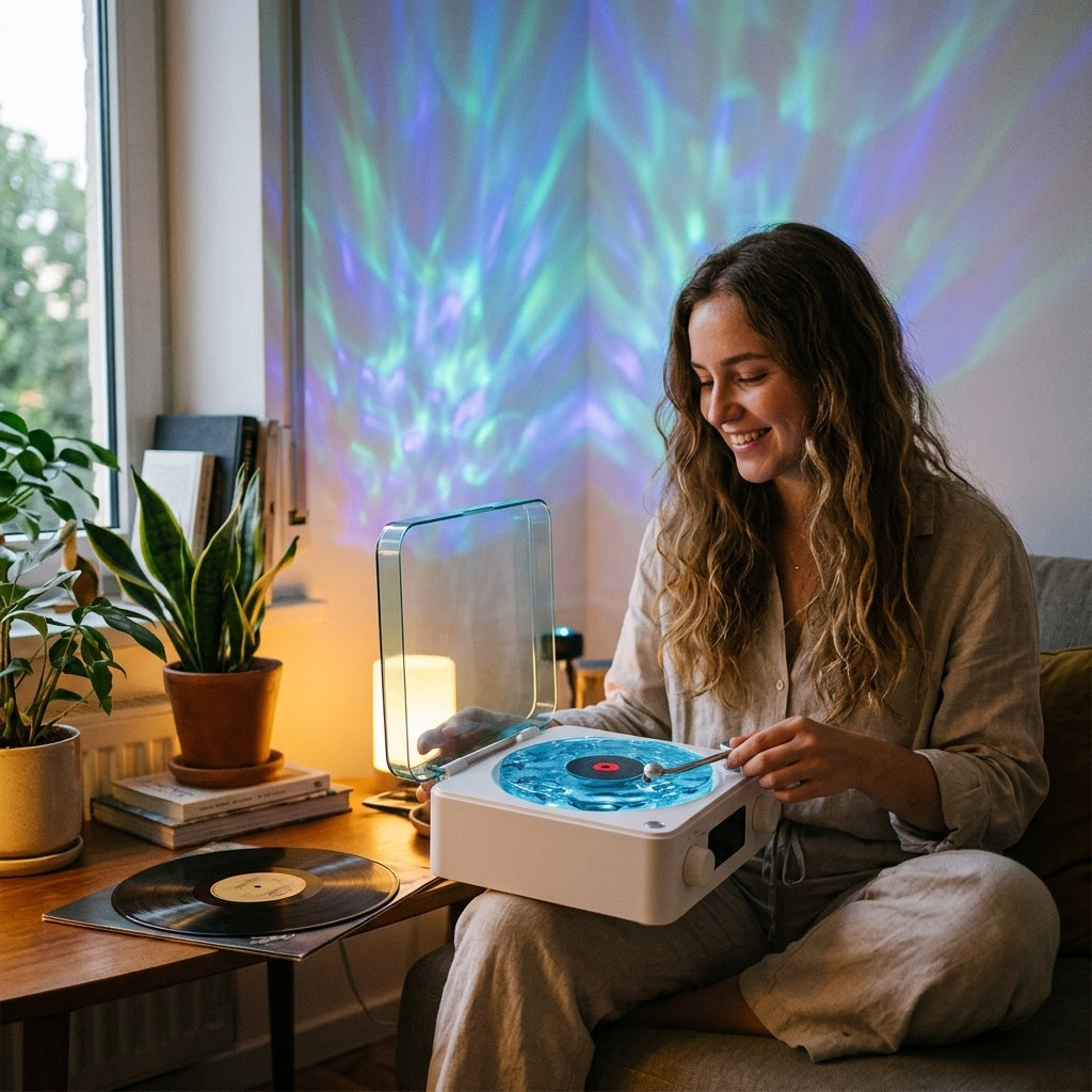 Retro Turntable Speaker Wireless Bluetooth-compatible 5.0 Vinyl Record Player Stereo Sound With White Noise RGB Projection Lamp Effect 26041