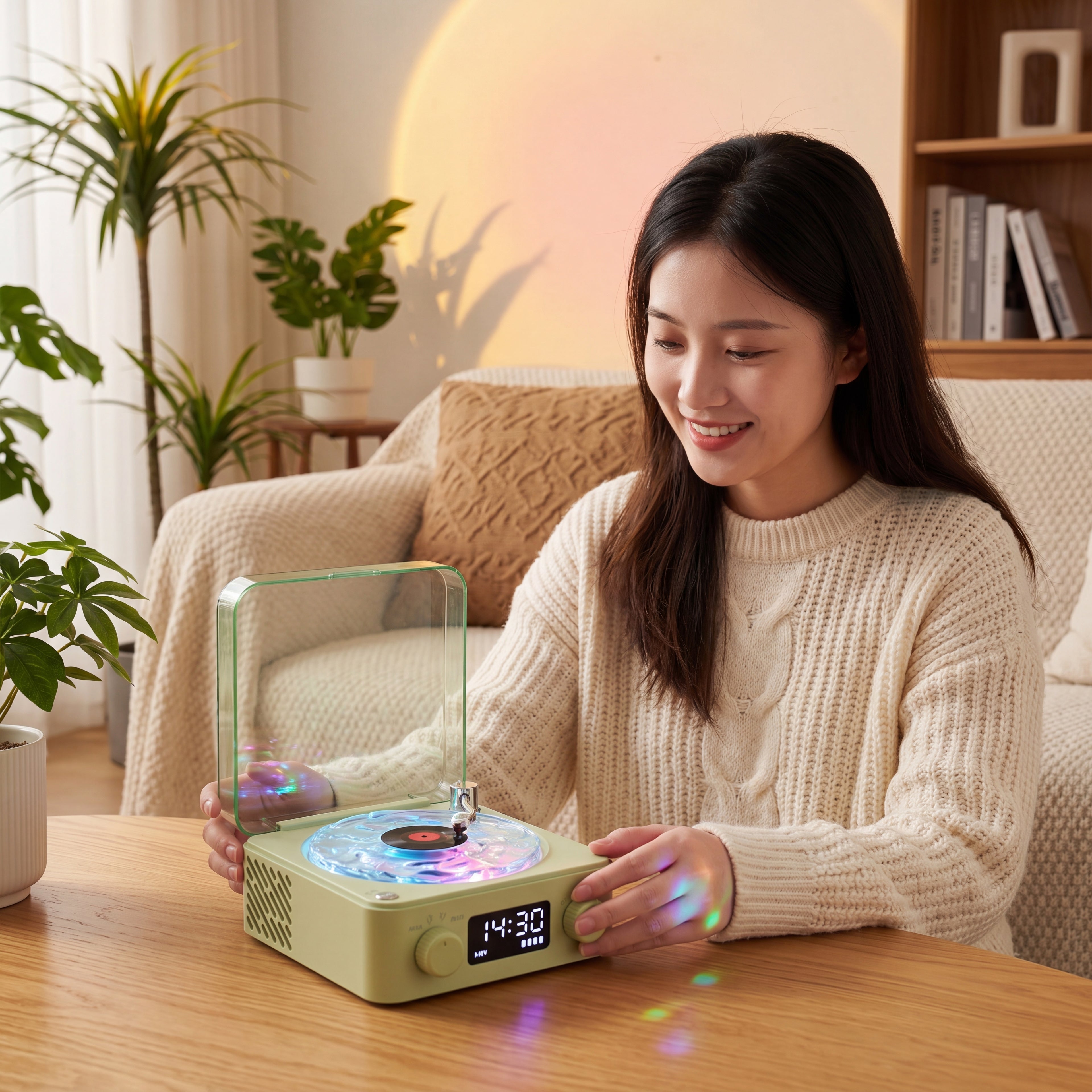 Retro Turntable Speaker Wireless Bluetooth-compatible 5.0 Vinyl Record Player Stereo Sound With White Noise RGB Projection Lamp Effect 26041