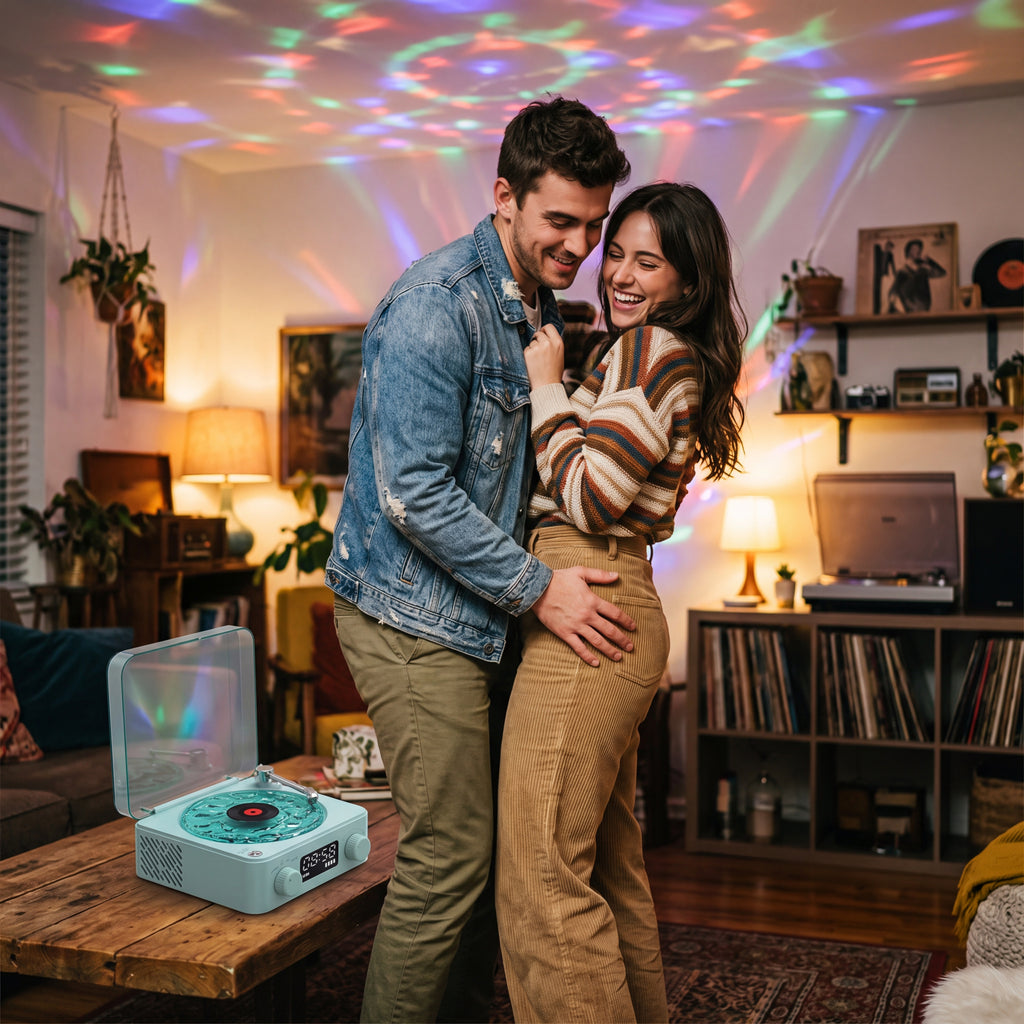 Retro Turntable Speaker Wireless Bluetooth-compatible 5.0 Vinyl Record Player Stereo Sound With White Noise RGB Projection Lamp Effect 26041