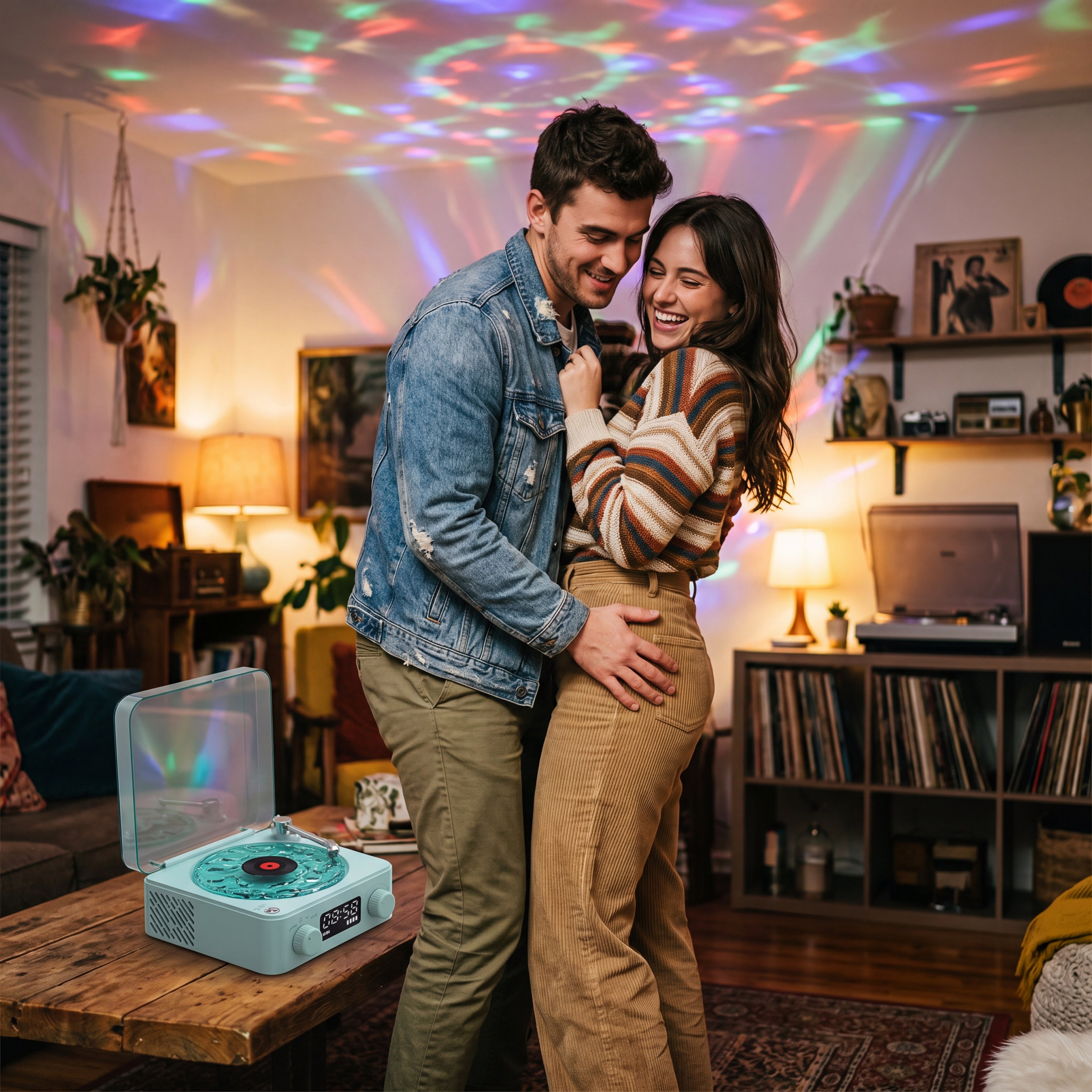 Retro Turntable Speaker Wireless Bluetooth-compatible 5.0 Vinyl Record Player Stereo Sound With White Noise RGB Projection Lamp Effect 26041