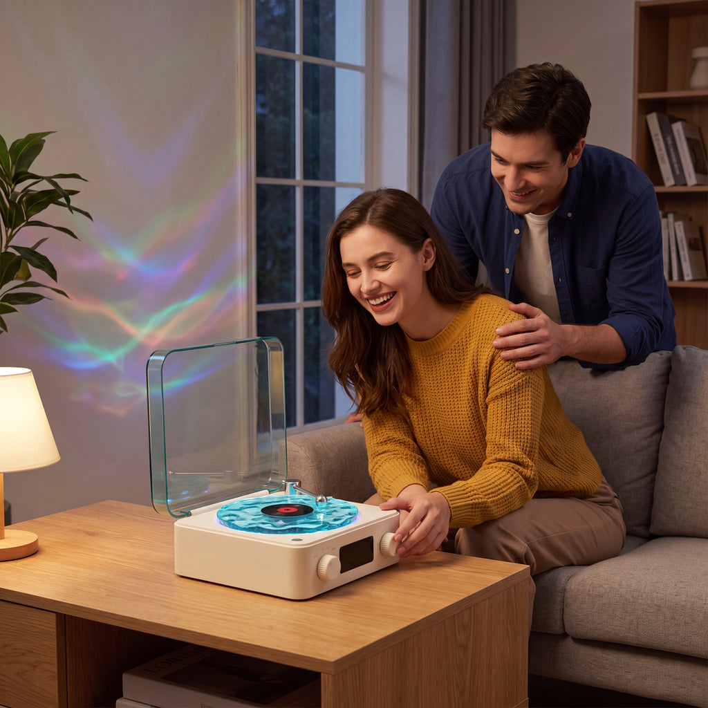 Retro Turntable Speaker Wireless Bluetooth-compatible 5.0 Vinyl Record Player Stereo Sound With White Noise RGB Projection Lamp Effect 26041