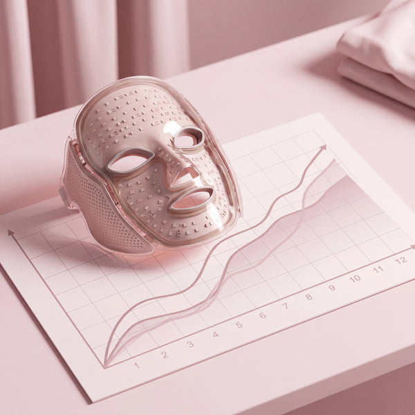 NEWKEY 4D LED Therapy Mask resting on a scientific chart showing a 12-week upward trend in blush pink and pale mauve.